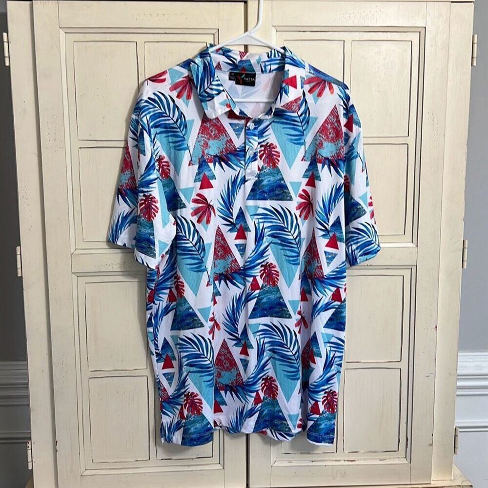 Yatta Golf size XL mens blue fern Hawaiin print golf polo shirt